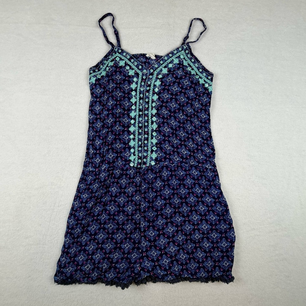 En Creme Romper Women Small Navy Blue Boho Embroidered Fringe 100% Rayon